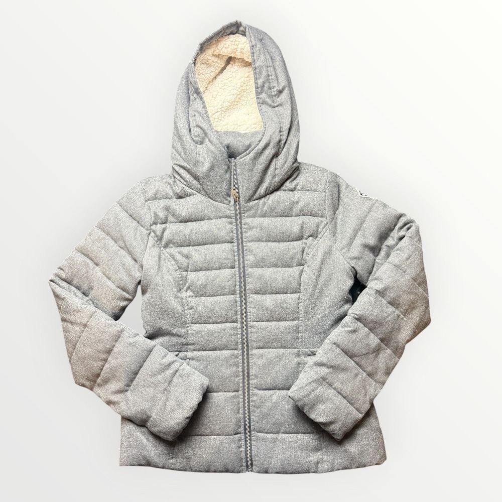 Hollister Gray Puffer Jacket Women Small Sherpa Lined Hooded Quilted Winter Coat